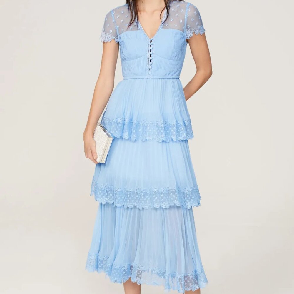 Self-Portrait Light Blue Tiered Lace Midi Dress